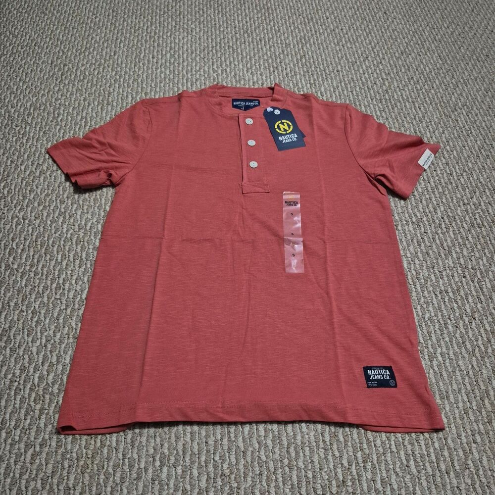 Nautica Jeans Co. Men's Short Sleeve Henley Mineral Red MSRP $49.50 Small